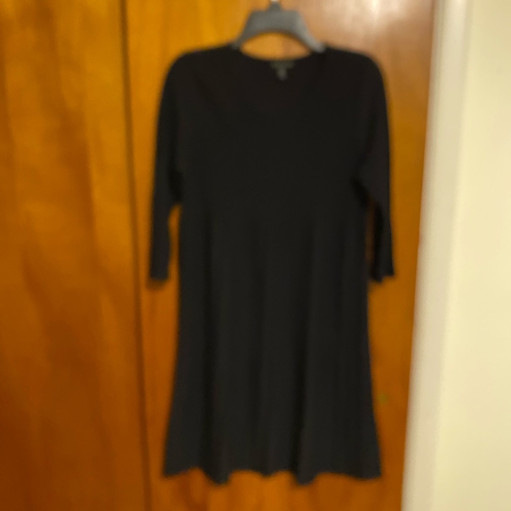Eileen Fisher Black Pleated Dress Knee Length with 3/4 Sleeve Rib Knit, size M